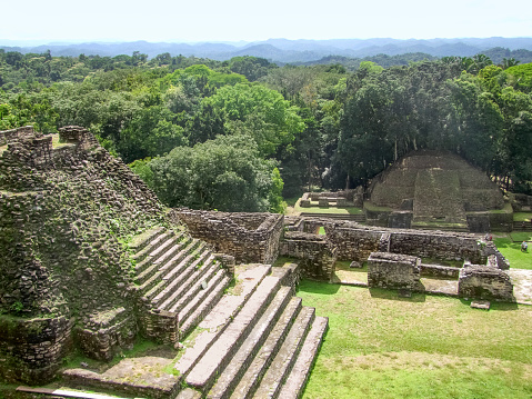 high angle shot showing the ancient Maya archaeological site named Caracol located in Belize in Central America