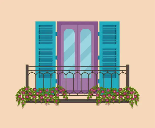Vector illustration of Facade of the vintage house with balconies. Vector flat illustration