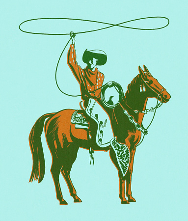 Cowboy on Horseback Twirling a Lasso