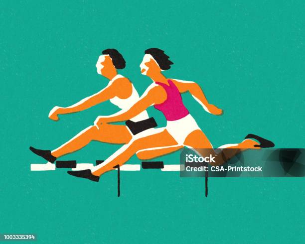 Two Athletes Running Hurdles Stock Illustration - Download Image Now - Sport, Running Track, Track and Field Event