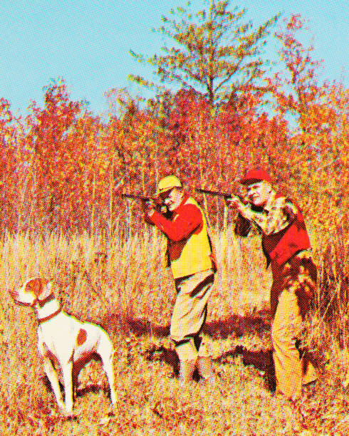 Two Hunters in the Woods with a Dog Two Hunters in the Woods with a Dog two men hunting stock illustrations