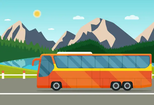 Vector illustration of Passenger bus. Summer landscape with forest, mountains and laker. Vector flat style illustration