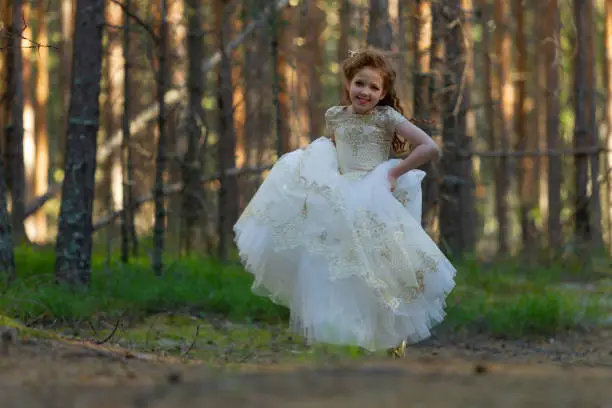 Little princess walks in an evening dress in a summer forest, natural light