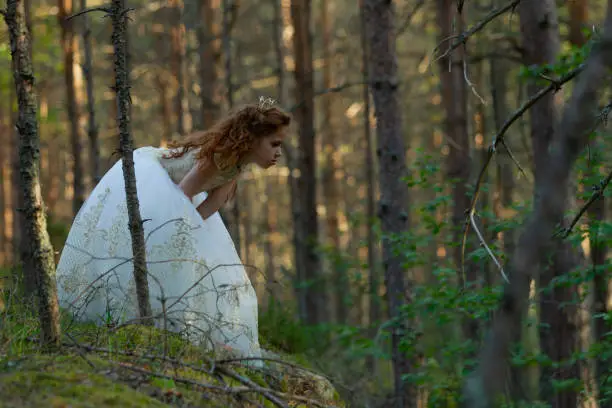 Little princess walks in an evening dress in a summer forest, natural light