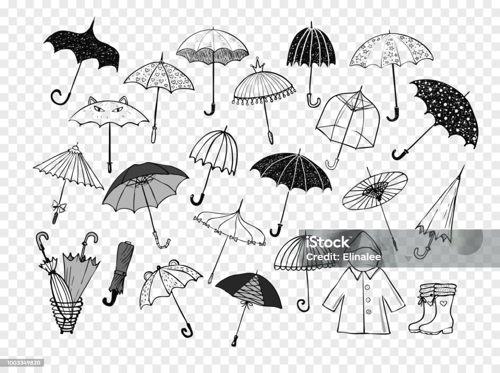 Jeu de doodle croquis parapluies - clipart vectoriel de Parapluie libre de droits