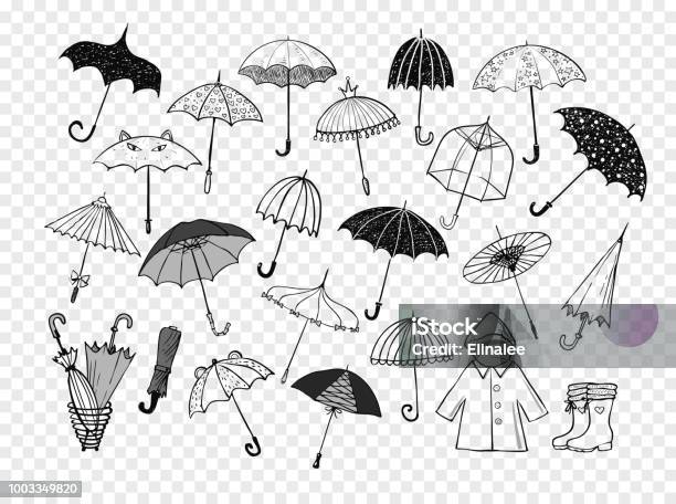 Jeu De Doodle Croquis Parapluies Vecteurs libres de droits et plus d'images vectorielles de Parapluie - Parapluie, Griffonnage, Style rétro