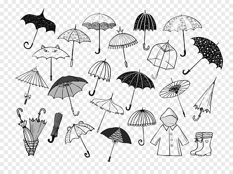 Set of doodle sketch umbrellas.