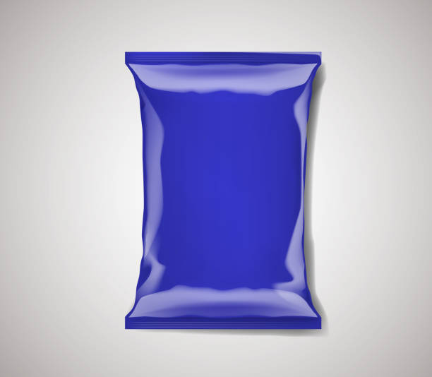 istock Blue blank foil plastic bag packaging isolated. Mock-up design template for branding for chips, snack, cookies, peanuts. 1003350298