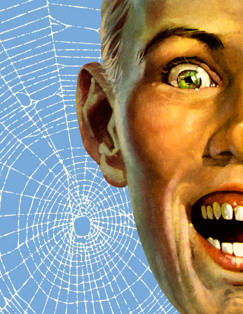 ilustrações de stock, clip art, desenhos animados e ícones de closeup of a face and spiderweb - color image colored background close up human face