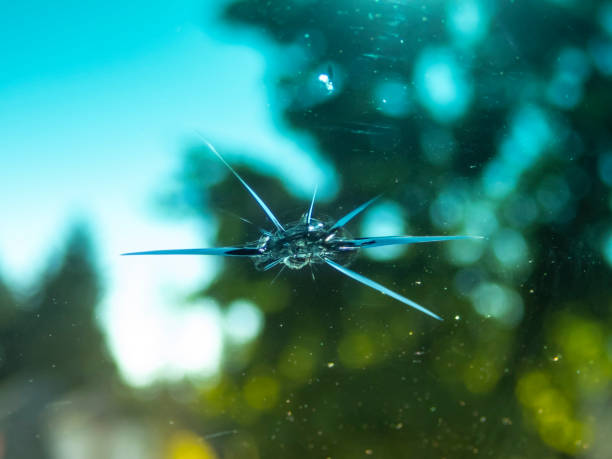 rock chip in windshield of car close-up pov from inside - broken glass green shattered glass imagens e fotografias de stock