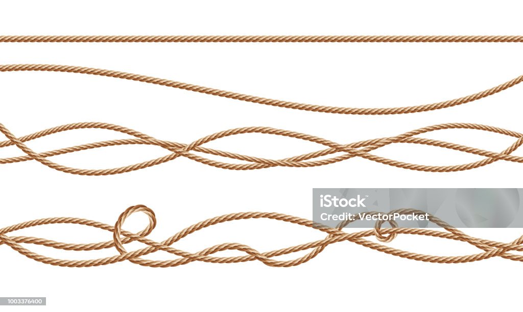 Vector 3d realistic jute, hemp, fiber ropes Vector 3d realistic fiber ropes - straight and tied up. Jute or hemp twisted cords with loops isolated on white background. Decorative elements with brown packthread. Rope stock vector