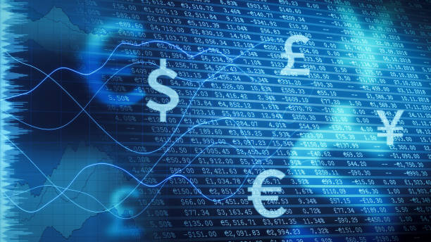 rapporto finanziario blu scuro con sovrapposizione infografica - stock market data finance chart home finances foto e immagini stock