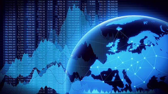 Global business financial report with Europe map in blue color