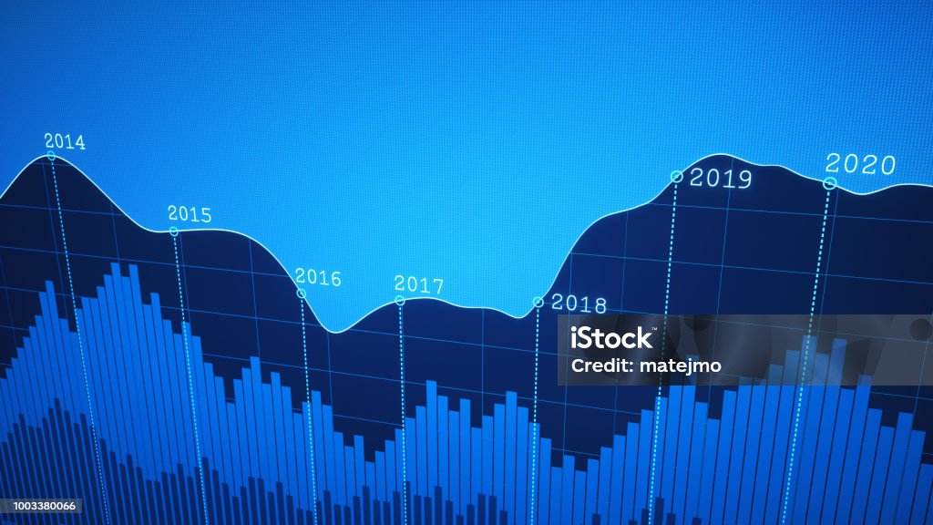 Simple Yearly Timeline Graph Report Blue A simple financial report showing a graph line plotted on a dark blue pixilated background. Timeline - Visual Aid Stock Photo