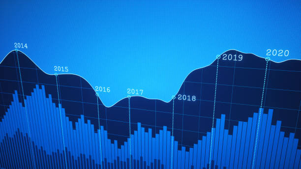 Simple Yearly Timeline Graph Report Blue A simple financial report showing a graph line plotted on a dark blue pixilated background. 2019 photos stock pictures, royalty-free photos & images