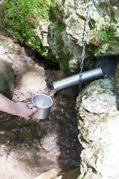 istock tourist fills mug with water from Silver Spring 1003389572