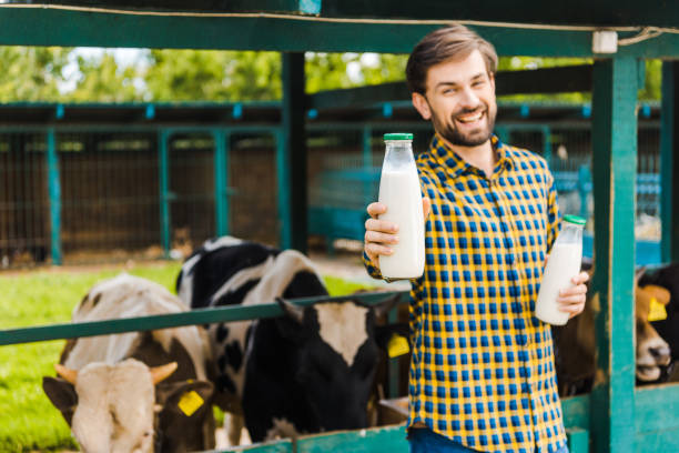 istock handsome smiling farmer showing cow milk near stable 1003389674