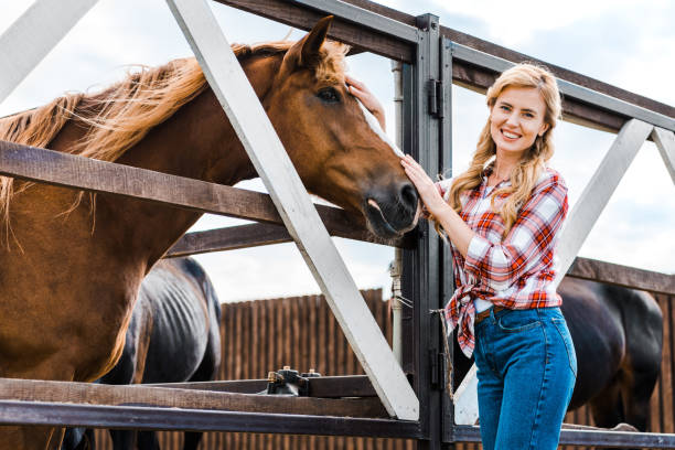 istock beautiful farmer palming brown horse in stable and looking at camera 1003389722