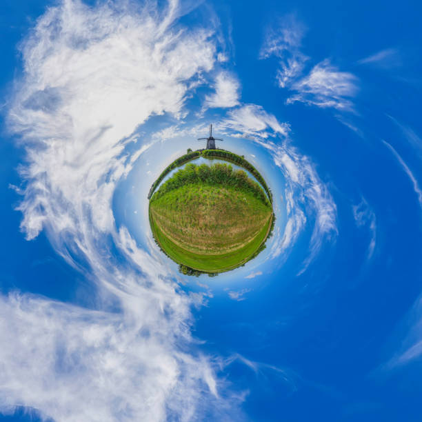 vintage windmills of netherlands (360 degree hdri panorama) - polder windmill space landscape imagens e fotografias de stock