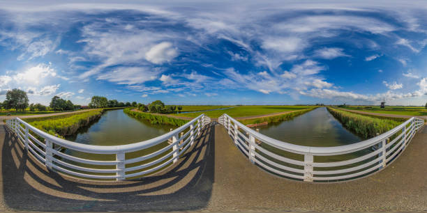 vintage windmills of netherlands (360 degree hdri panorama) - polder field meadow landscape imagens e fotografias de stock