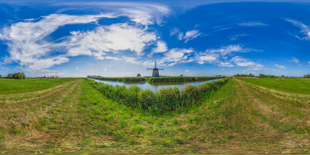 vintage windmills of netherlands (360 degree hdri panorama) - polder field meadow landscape imagens e fotografias de stock