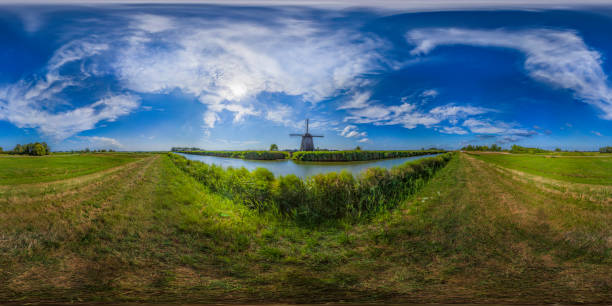 360 degrees spherical panoramic shot of the old antique windmill against a cloudy sky; South Holland