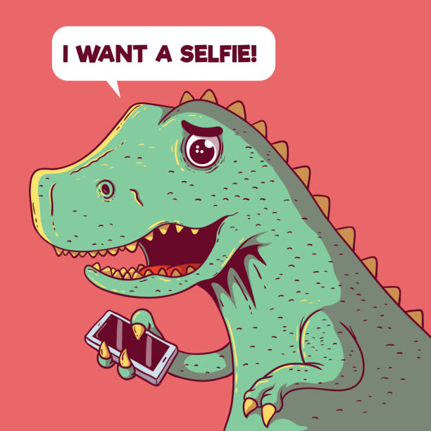 Dinosaur trying to take a selfie vector illustration. Selfie, technology, future, social media, connected, sharing design concept tyrannosaurus rex photos stock illustrations