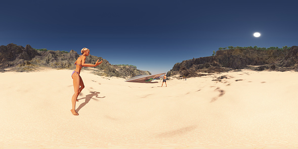 Computer generated 3D illustration with a spherical 360 degrees seamless panorama of a crashed spacecraft at the beach