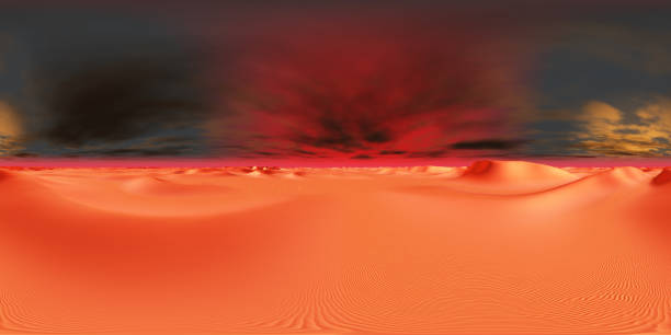Computer generated 3D illustration with a spherical 360 degrees seamless panorama of a futuristic desert landscape