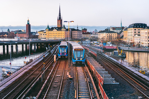 Railway tracks and trains in Stockholm, Sweden