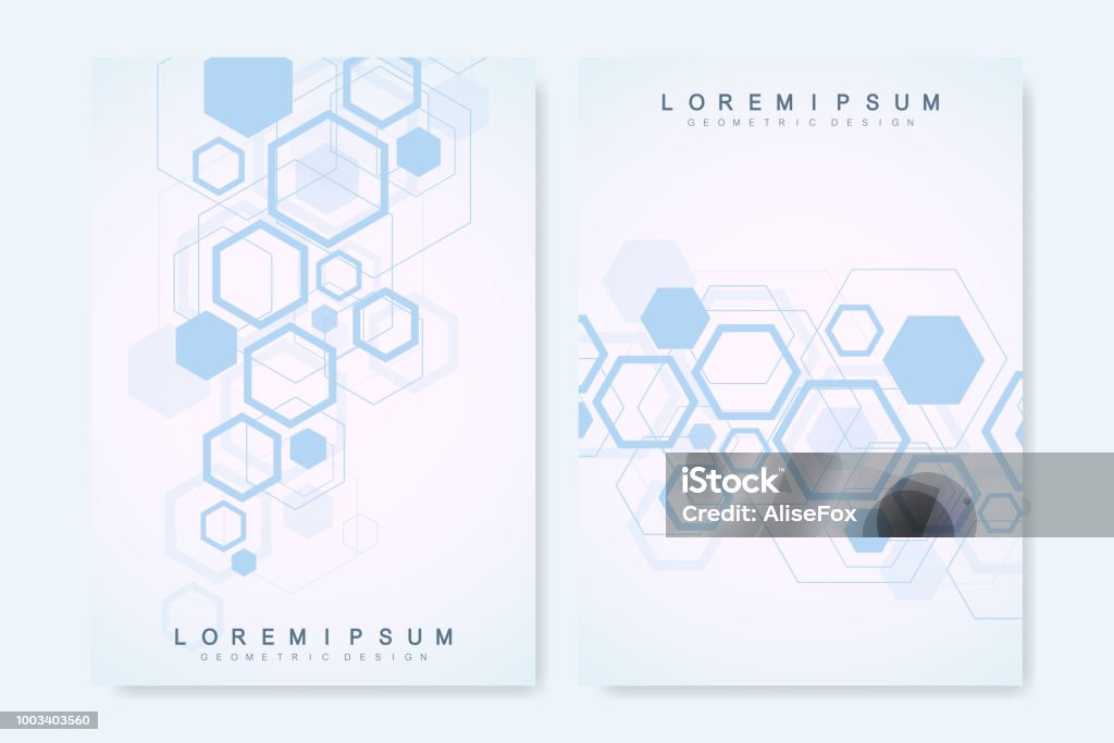 Modern vector templates for brochure, cover, banner, flyer, annual report, leaflet. Abstract art composition with hexagons. Hexagon infographic. Digital technology, science or medical concept Hexagon stock vector