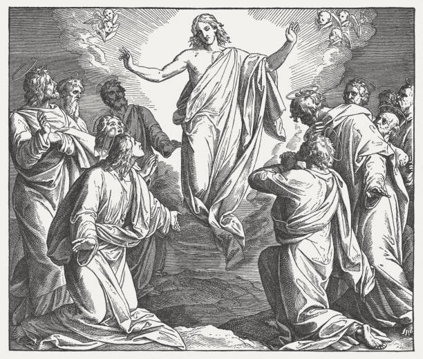 Ascension of Christ, wood engraving, published 1890 Ascension of Christ. Wood engraving after a drawing (ca. 1855/60) by Julius Schnorr von Carolsfeld (German painter, 1794 - 1872), published in 1890. heaven and jesus drawing stock illustrations