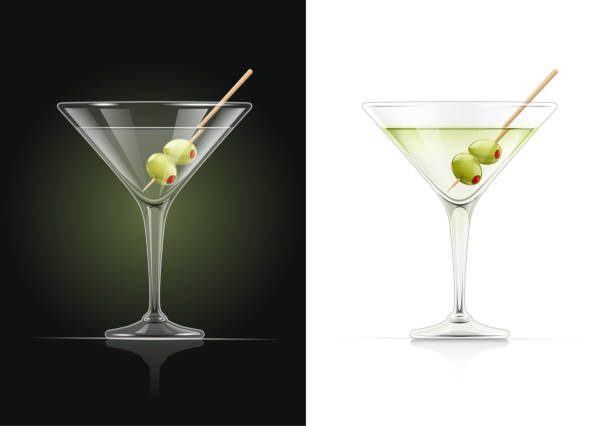 illustrations, cliparts, dessins animés et icônes de verre à martini. cocktail avec des oliviers. - dry vermouth