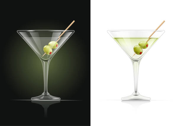 Martini glass. Cocktail with olive. Martini glass. Cocktail. Alcoholic classic drink. Dry vermouth with green olive. EPS10 vector illustration. martini stock illustrations