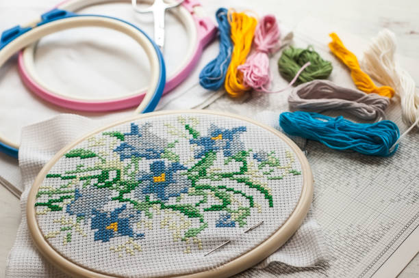istock Close up stitching pattern on white fabric with colorful yarn on background 1003413088