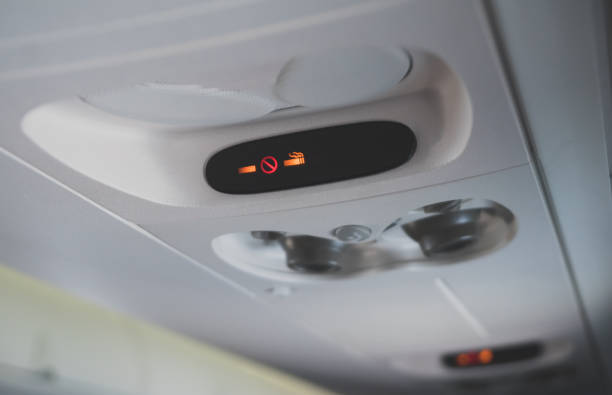 istock Interior inside of the plane. Smoking not allowed sign. 1003420378