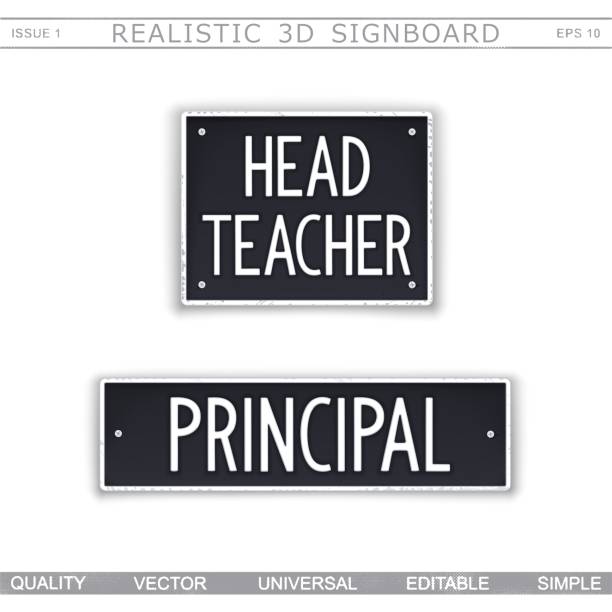 Head Teacher. Principal Head Teacher. Principal. Creative signboard. Stylized license plate . Top view. Vector design elements school principal stock illustrations