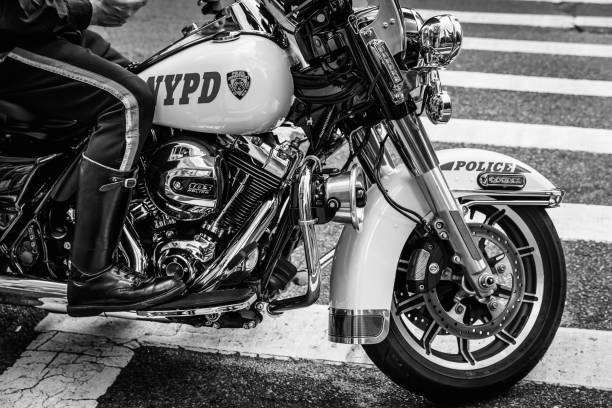 New York, USA - Sep 17, 2017: Black and white image of NYPD officers on motorcycles providing security in Manhattan. NYC Police Department (NYPD) is the largest municipal police force in the US