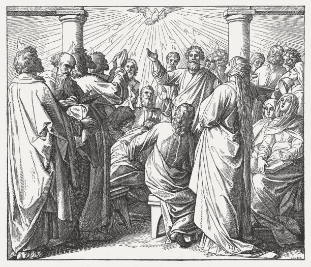 herabkunft des heiligen geistes (apostelgeschichte 2), holzschnitt, 1890 veröffentlicht - pfingsten stock-grafiken, -clipart, -cartoons und -symbole