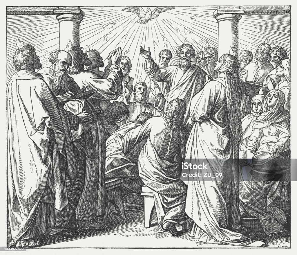 Descent of the Holy Spirit (Acts 2), woodcut, published 1890 Pentecost - the descent of the Holy Spirit (Acts 2). Wood engraving after a drawing (ca. 1855/60) by Julius Schnorr von Carolsfeld (German painter, 1794 - 1872), published in 1890. Pentecost - Religious Celebration stock illustration