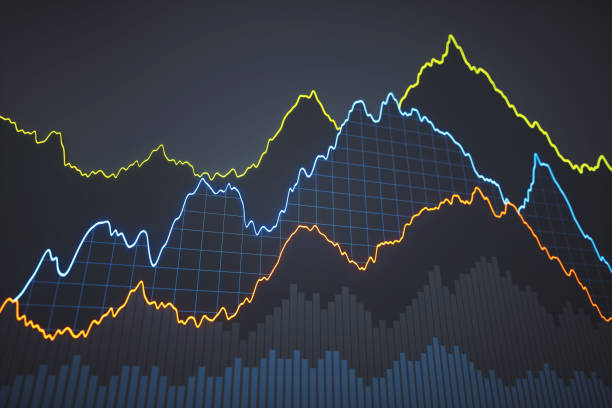 Simple bar and line chart on dark backgorund NOTE FOR REVIEWERS: This image is a 3D render and does NOT have a corresponding vector file line graph stock pictures, royalty-free photos & images