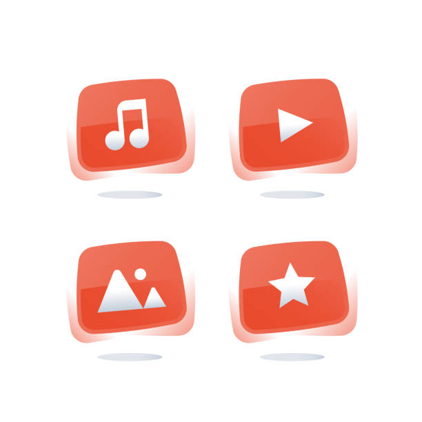 istock Online music service, watch streaming video, media red web buttons, download audio file, entertainment resources 1003438292