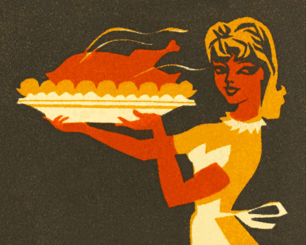 ilustrações, clipart, desenhos animados e ícones de mulher segurando a bandeja grande turquia - serving food restaurant chicken
