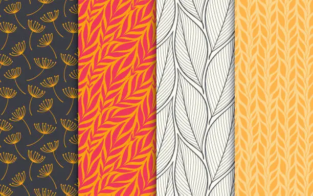 Vector illustration of Abstract decorative doodle nature seamless patterns set. Hand drawn linear and silhouette flowers, branches, leaves textures. Simple universal background. Vintage colors. Vector illustration