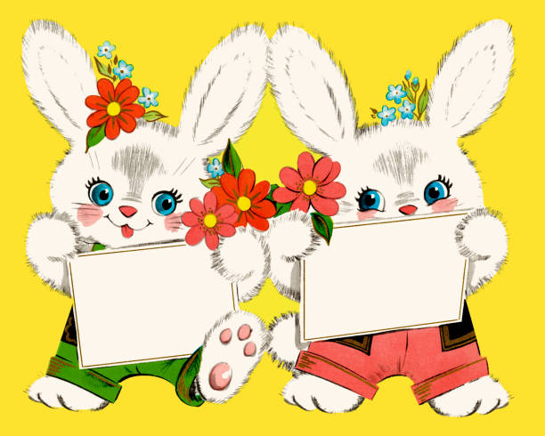 ilustrações de stock, clip art, desenhos animados e ícones de two bunnies - color image colored background easter animal body part