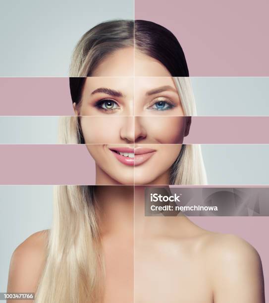 Different Faces Of Young Woman Plastic Surgery Concept Blonde And Brunette Woman Green And Blue Eyes Collage Of Two Female Faces Stock Photo - Download Image Now