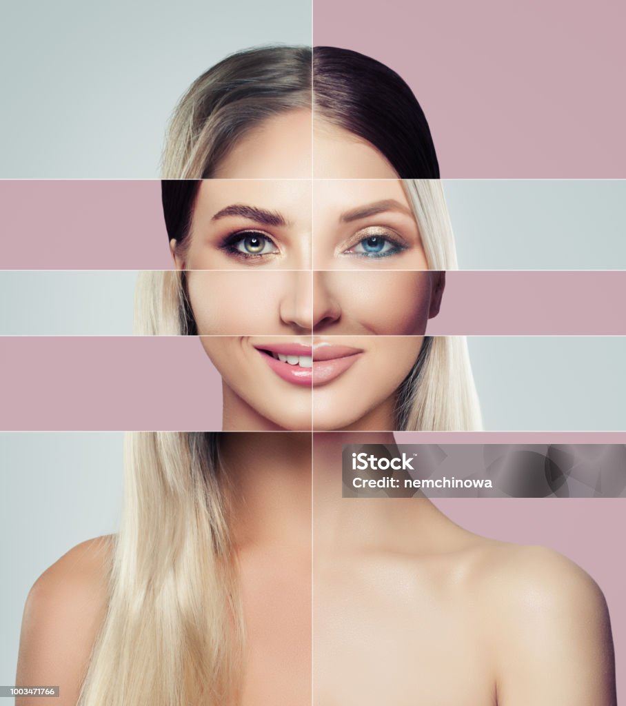 Diferentes faces da mulher jovem. Conceito de cirurgia plástica. Mulher loira e morena, olhos verdes e azuis, colagem de dois rostos femininos. - Foto de stock de Face Humana royalty-free