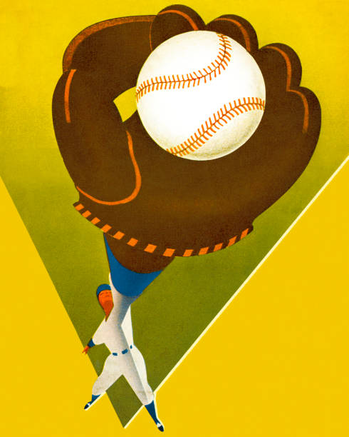 ilustraciones, imágenes clip art, dibujos animados e iconos de stock de jugador de béisbol captura una pelota de béisbol - baseball glove baseball baseballs old fashioned