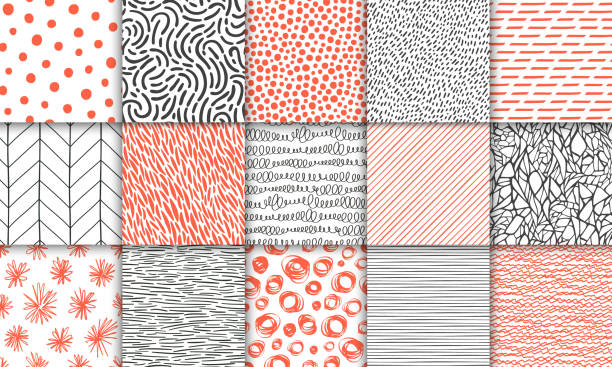 추상 손으로 그려 최소한의 원활한 간단한 기하학적 패턴 세트. 폴카 도트, 스트라이프, 파도, 임의의 기호 텍스처. 밝은 다채로운 벡터 일러스트입니다. 디자인 서식 파일 - 물방울무늬 일러스트 stock illustrations