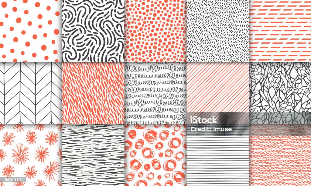 Abstract hand drawn geometric simple minimalistic seamless patterns set. Polka dot, stripes, waves, random symbols textures. Bright colorful vector illustration. Template for your design Pattern stock vector